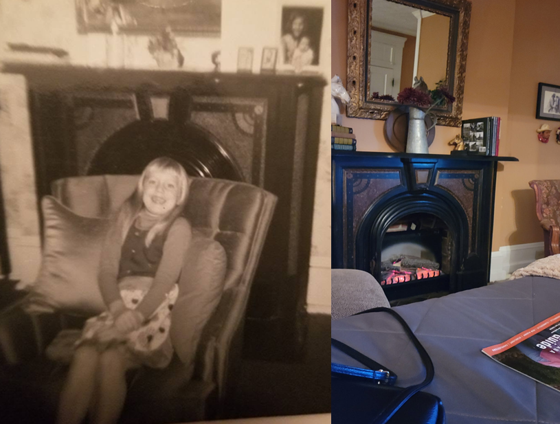 Me next to the fireplace as a child and the fireplace in 2025